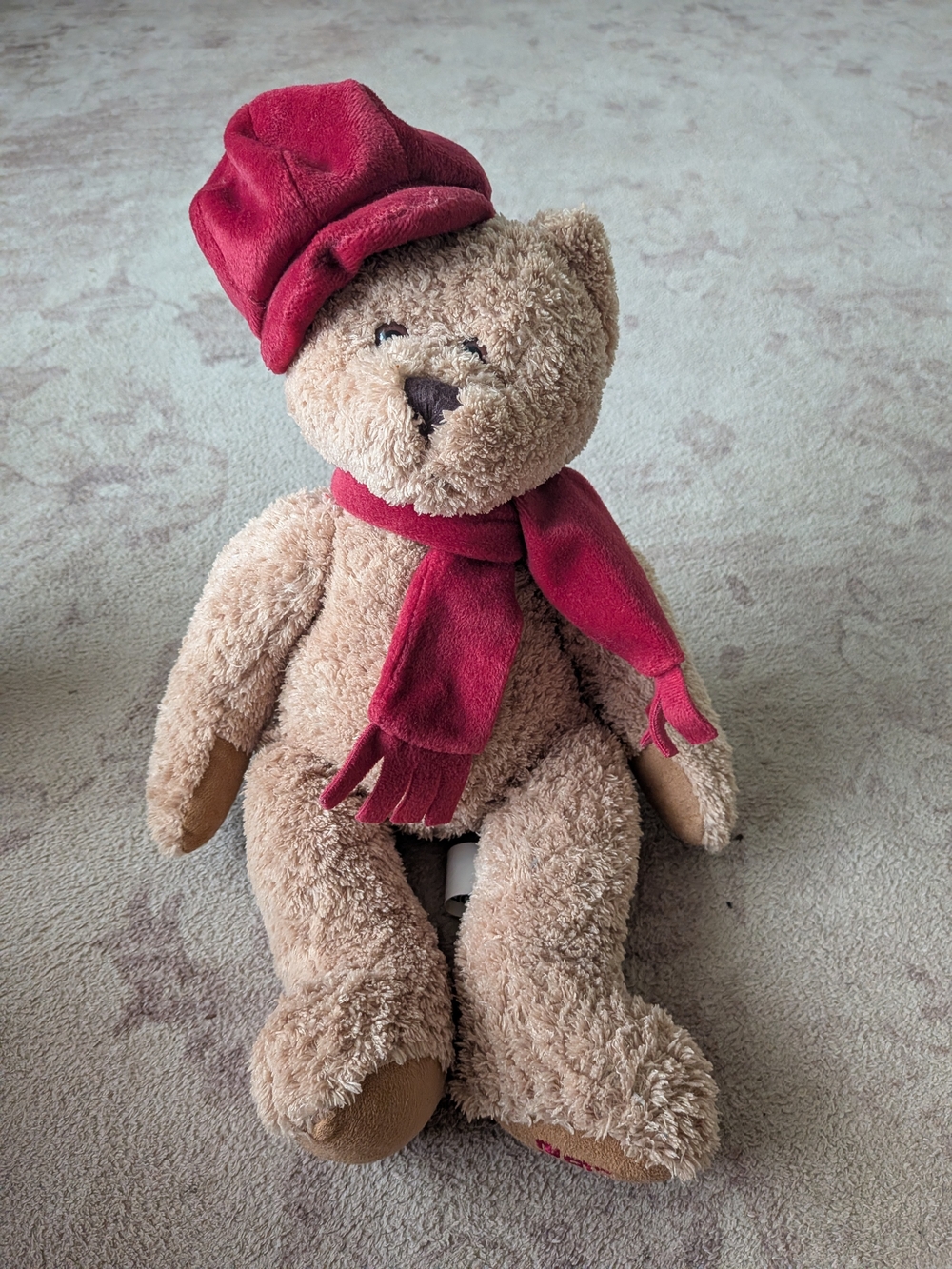 La SENZA 2003 Vintage Beige Plush Teddy Bear with Red Hat and Scarf